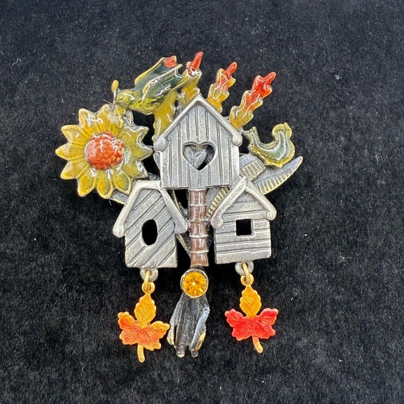 Rare Vintage Kenneth Cole Bird House Autumn Leaf Rhinestone Enamel Pin Brooch - Picture 1 of 2
